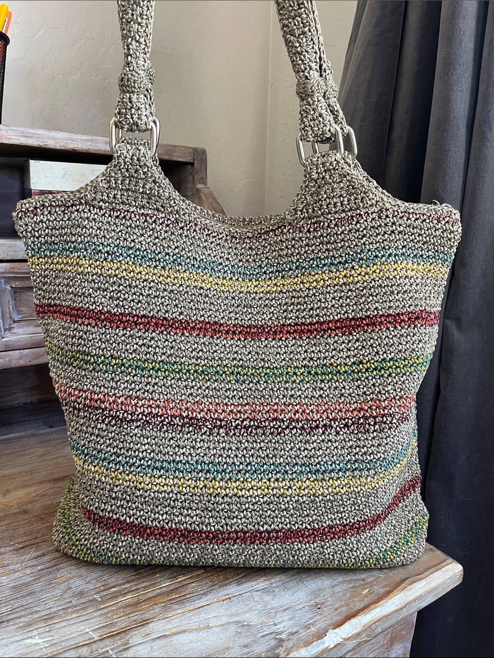 ❤️ The Sak Belle Crochet Large Tote Striped Grey Multicolored Boho